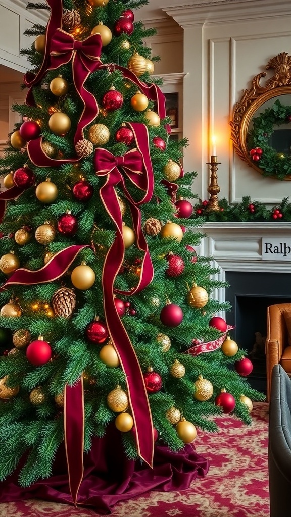 A Ralph Lauren inspired Christmas tree with red and green ornaments, gold accents, and natural decorations in a festive living room.